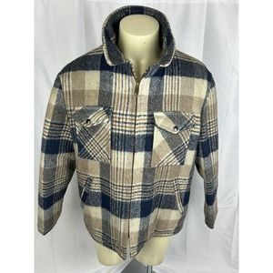 Vintage Men Contemporary Sportif Wool Flannel Blue Tan Zip Up Jacket Coat Sz XL